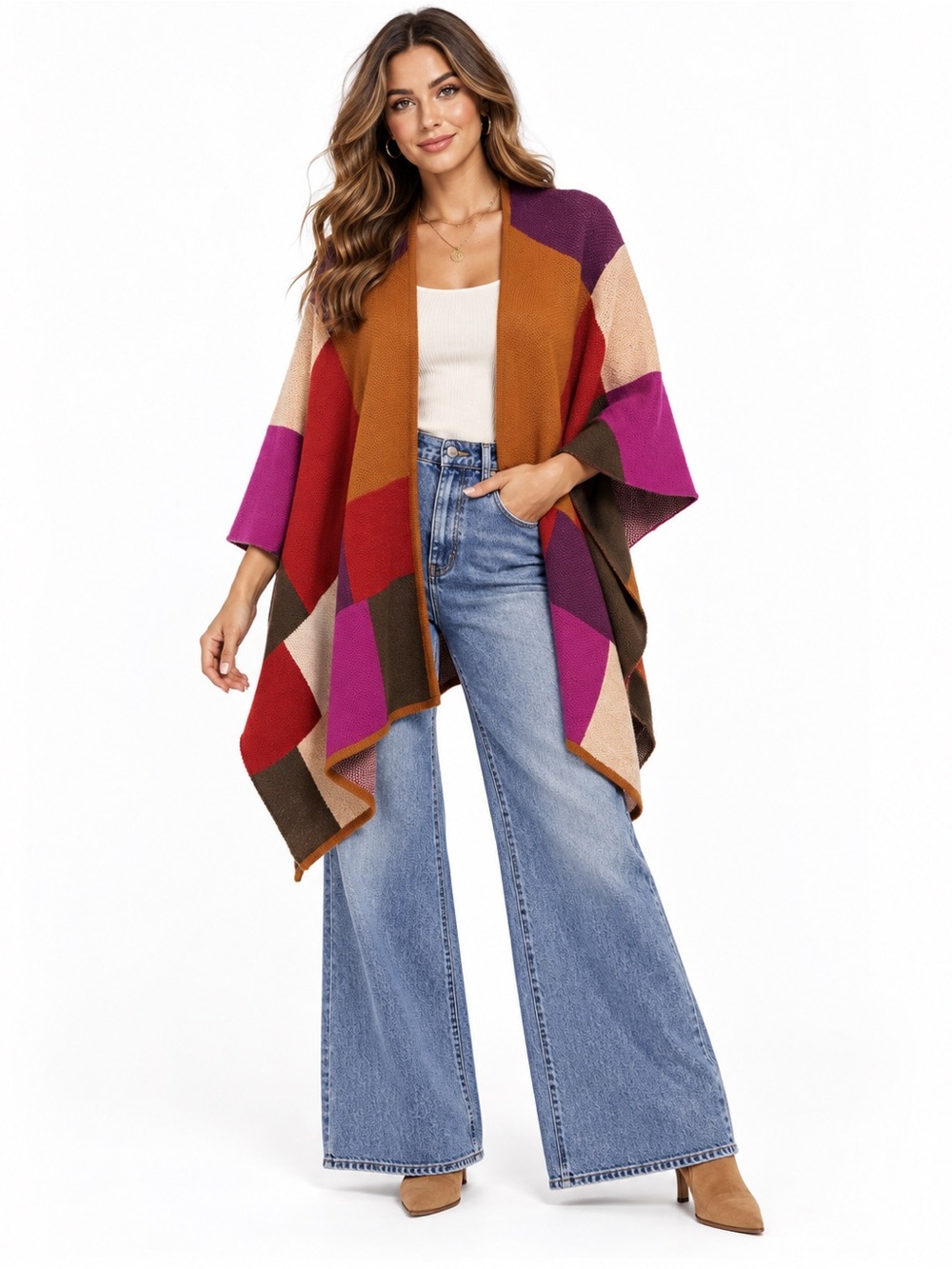 Coldwater Creek Wool Blend Colorblock Open Front Poncho Cardigan Wrap Lagenlook